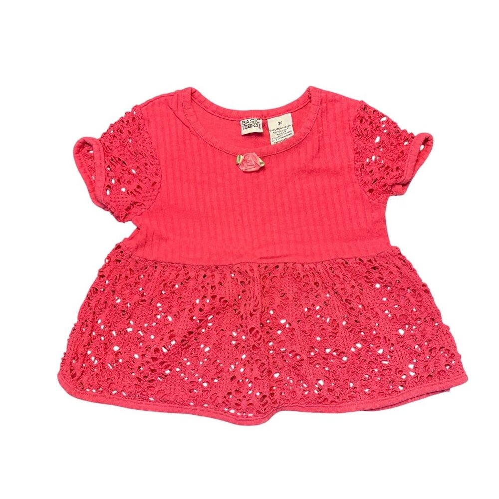 Vintage Basic Editions Girls‎ 3T Pointelle Knit Blouse Shirt Barbiecore Pink Y2K